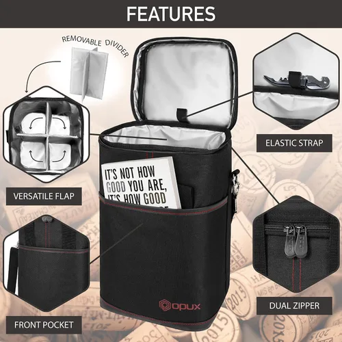 Miniatura 4 de Opux Bolsa térmica de vino con aislamiento para 4 botellas, a prueba de fugas, portátil, para viajes, picnic, regalo BYOB (negro)
