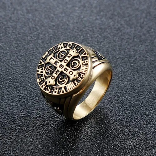 Miniatura 2 de Anillo de cruz católico de San Benito para hombre, medalla de exorcismo de acero inoxidable