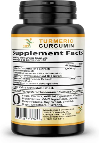 Miniatura 7 de Curcumina de cúrcuma de 1000 mg, sin rellenos, 95% curcuminoides con extracto de pimienta negra BioPerine, vegano, sin OMG, fabricado en Estados
