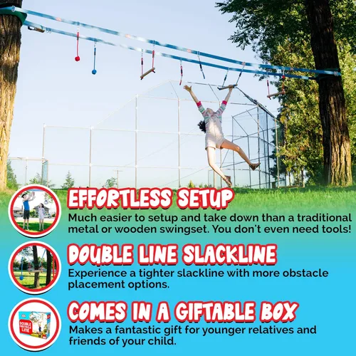 Miniatura 2 de Double Ninja Slackline - Carrera de obstáculos para niños Línea de 80 pies Equipo de juegos Ninja Slackline Monkey Bars Curso de cuerdas Ninja