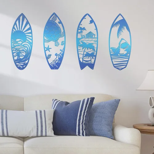 Miniatura 5 de 4 piezas de tabla de surf de metal para decoración de pared, tabla de surf de verano, letreros de playa, tiburón, palmera, arte de pared, decoración