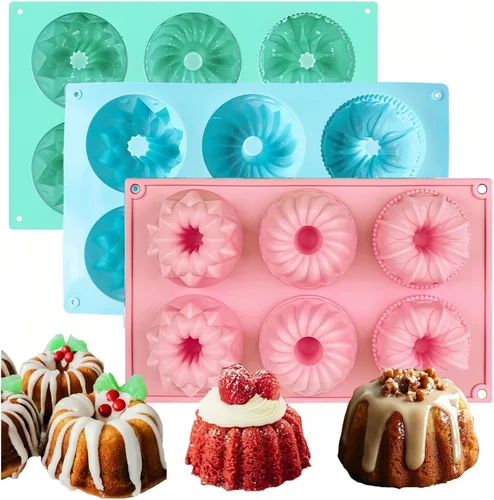 Miniatura 9 de 3 moldes de silicona para hornear, moldes antiadherentes de 6 cavidades, mini moldes de gelatina de silicona, mini moldes de pastel estriados, molde