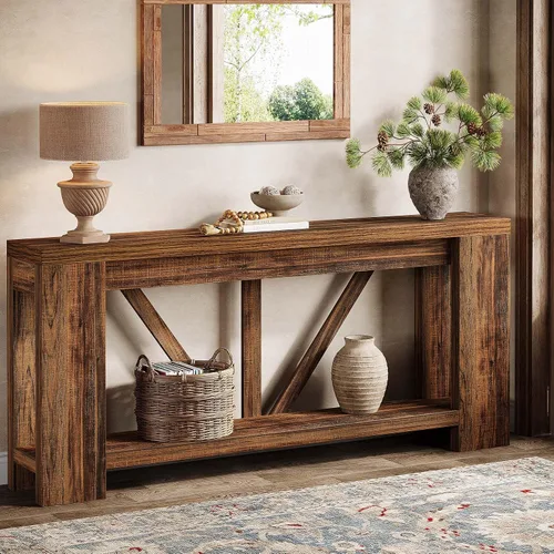Miniatura 11 de Tribesigns Mesa de entrada extra larga de 70.9 pulgadas, mesa consola de madera de granja con almacenamiento, mesa de sofá moderna detrás del sofá