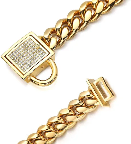 Miniatura 4 de Collar de cadena dorado para perro de 10mm de ancho, collar de eslabones cubanos para cachorros, acero inoxidable 316L con cierre de diamante CZ