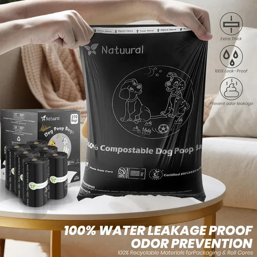 Miniatura 4 de Bolsas compostables certificadas para excremento de perro, 270 bolsas de 18 rollos, bolsas para excrementos para perros hechas de almidón de maíz
