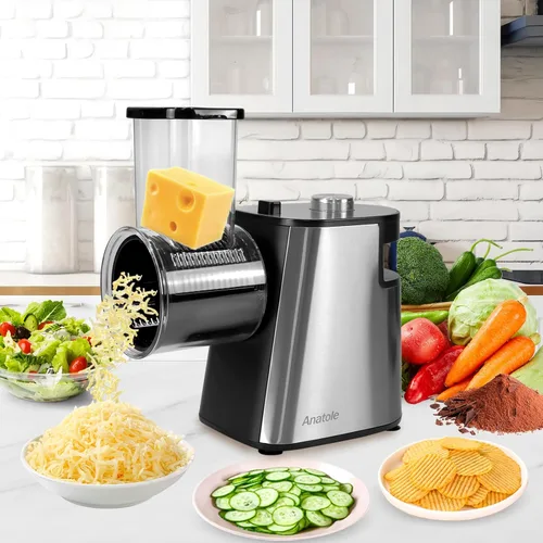 Miniatura 6 de Anatole Rallador de queso eléctrico de acero inoxidable triturador de verduras 6 cuchillas 250 W salida de entrada grande sin BPA 110 V