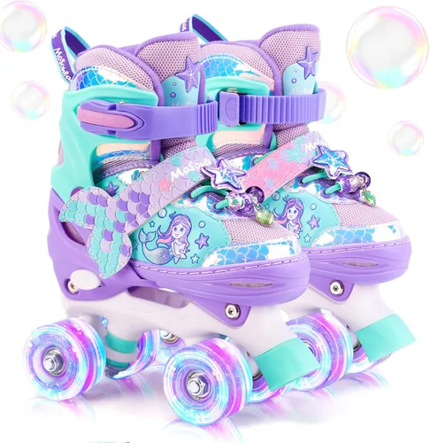 Patines de Sirena para Niñas, MoSoulais 4 Tamaños Ajustables con Ruedas Iluminadas para Niños Pequeños, Patines para Mujeres Principiantes Púrpura