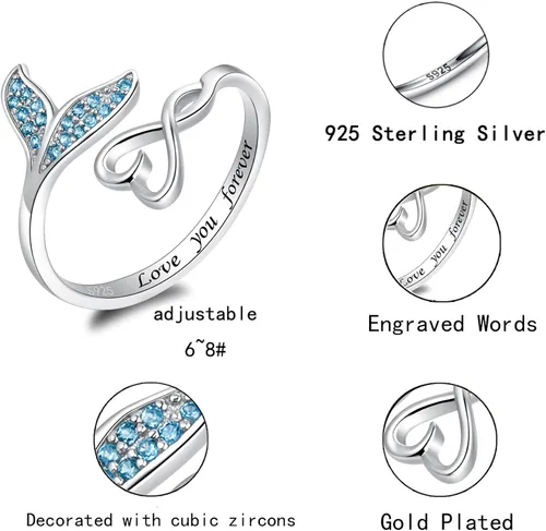 Miniatura 5 de zaxsj S925 Sterling Silver Mermaid Jewelry for Women - Mermaid Tail Love You Forever Blue Sea Wave Marine Jewelry Set for Girls Ocean Lovers