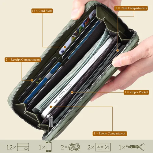 Miniatura 69 de VISOUL Cartera larga de cuero con cremallera para hombres y mujeres con bloqueo RFID, cartera larga de embrague grande con cremallera, Negro