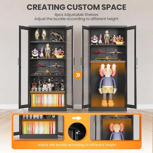 Miniatura 5 de Gabinete de exhibición con bloqueo con puerta de cristal, gabinetes Curio de metal de 71 pulgadas de alto con estantes ajustables, vitrina de licor