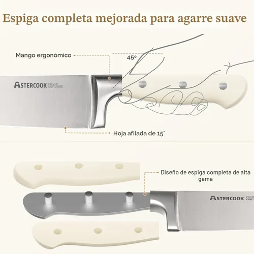 Miniatura 2 de Astercook Juego de cuchillos de cocina con bloque, 22 piezas, cuchillos de acero inoxidable de espiga completa con afilador, aptos para lavavajillas