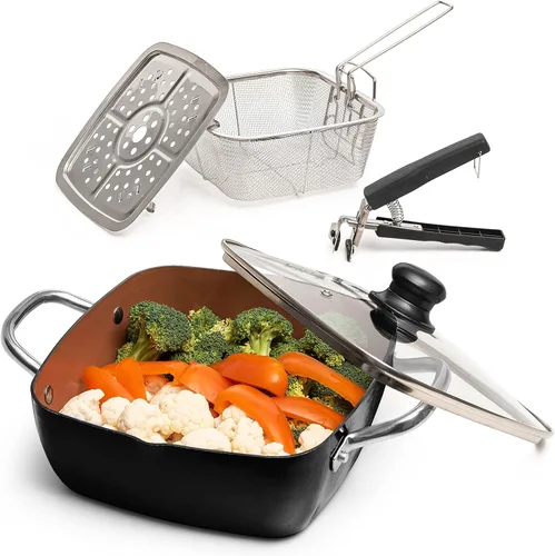 Miniatura 10 de Moss & Stone 7 piezas de utensilios de cocina de chef de cobre, sartén antiadherente de 9.5 x 3.5 pulgadas, cesta para freír, apta para lavavajillas