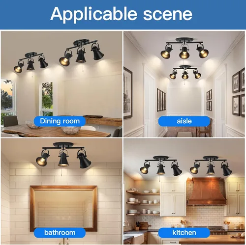 Miniatura 6 de Iluminación de pista de 3 luces con cadena de tracción, lámpara de techo ajustable negra, accesorios de iluminación de pista giratoria para cocina