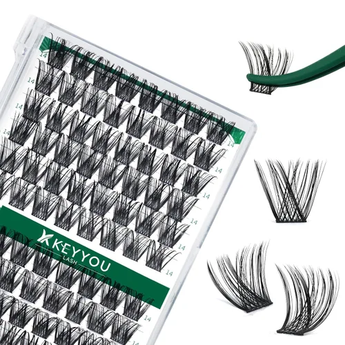 Miniatura 124 de KEYYOU Racimos de pestañas, 96 piezas de extensiones de pestañas DIY, rizado D de 16 mm, negro, realista, no irritante, fácil de colocar en casa