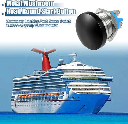 Miniatura 2 de uxcell Interruptor de botón momentáneo de 0.630 in Cabeza de hongo de metal Botón de inicio redondo AC/DC 12V-250V Negro