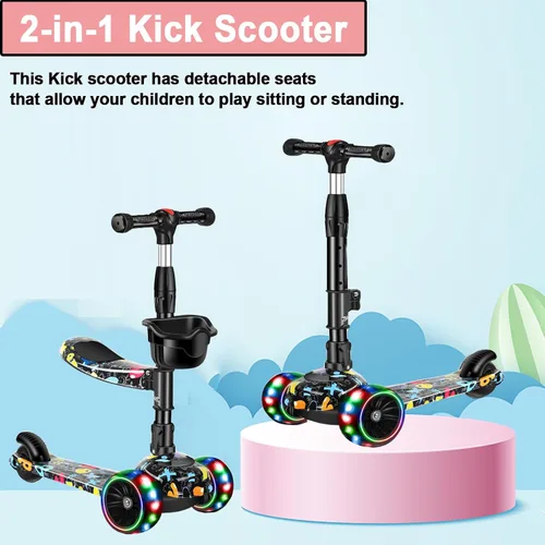Miniatura 5 de Patinete 2 en 1 para niños de 3 a 8 años, altura ajustable, asiento extraíble, 3 ruedas de luz LED, actividades al aire libre para niños y niñas