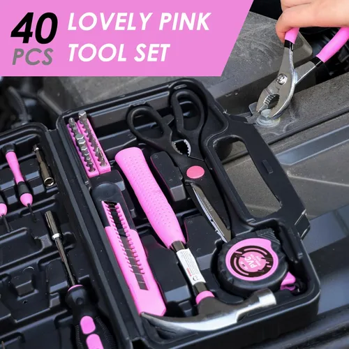 Miniatura 3 de DOWELL Juego de herramientas para el hogar de 40 piezas rosa, kit de herramientas manuales generales para el hogar con estuche de almacenamiento