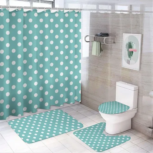 Miniatura 48 de Juego de 3 alfombras de baño con diseño de lunares, color azul aguamarina, antideslizante, con contorno en forma de U y tapa de inodoro