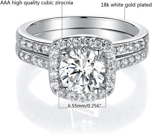Miniatura 3 de MDFUN Anillo de compromiso de boda con circonita cúbica chapada en oro blanco de 18 quilates con halo de compromiso de boda y eternidad para mujer