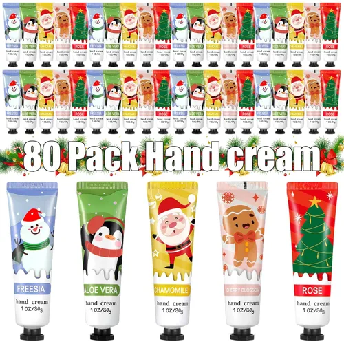 Juego de 80 piezas de crema de manos de Navidad para manos secas y agrietadas, fragancia de plantas naturales, loción de manos de karité, mini crema