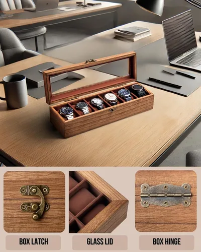 Miniatura 3 de Caja de reloj para hombres y mujeres, tapa de cristal grande, caja de almacenamiento de madera con 6 ranuras, organizador retro Burlywood