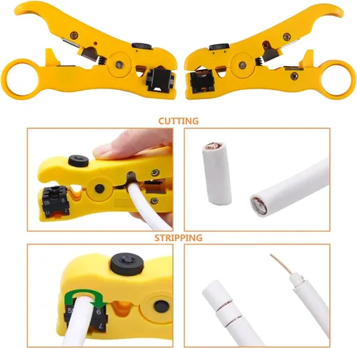 Miniatura 8 de Herramienta de compresión coaxial Kit de crimpadora de cable coaxial ajustable RG6 RG59 RG11 75-5 75-7 Pelacables coaxiales con 20 conectores