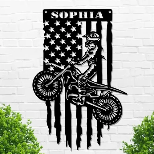 Miniatura 34 de Letrero de metal personalizado para motocicleta, arte de pared de metal con bandera de EE. UU., arte de pared de metal para motocicleta, letrero
