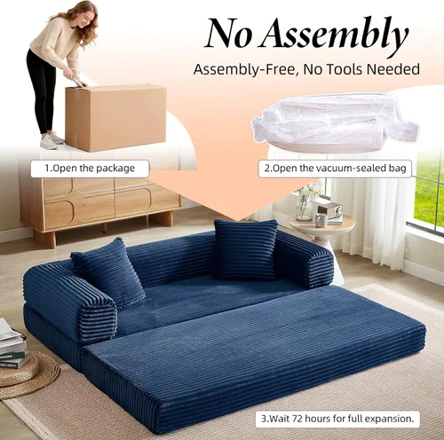 Miniatura 8 de 4-in-1 Convertible Folding Sleeper Sofa Bed, Fold Out Floor Sofa Couch with Fixed-Shape Frame, Cloud Corduroy Foldable Mattress Couch for Living