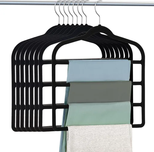 DUDUCOFU - Perchas de terciopelo antideslizantes que ahorran espacio para pantalones, paquete de 8 perchas negras de múltiples capas para ropa, Negro
