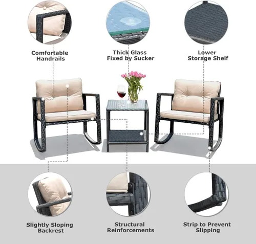 Miniatura 5 de HAPPYGRILL Juego de 3 sillas mecedoras para patio al aire libre con mesa auxiliar, muebles de mimbre de ratán, juego de conversación para jardín