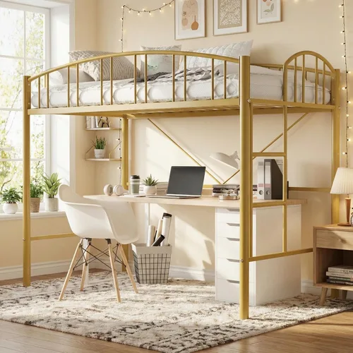 Miniatura 11 de IDEALHOUSE Cama alta tamaño individual con escalera y barandilla de arco alto, listones de metal resistentes, diseño que ahorra espacio