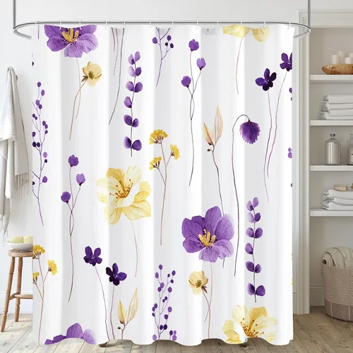 Miniatura 21 de Gibelle Cortina de ducha con estampado floral de acuarela, cortina de ducha retro naranja azul marino para baño, juego de cortina de ducha moderna