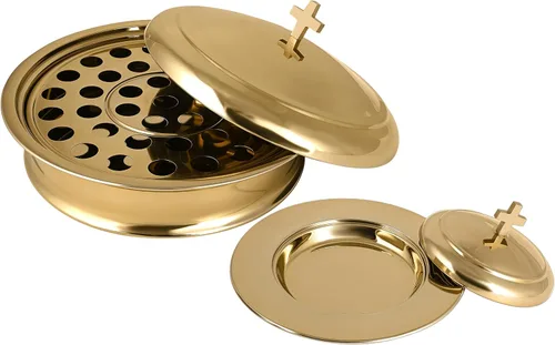 Miniatura 9 de Communion Ware - Bandeja para servir vino santo con tapa y un plato de pan apilable con tapa, acero inoxidable (latón/dorado)
