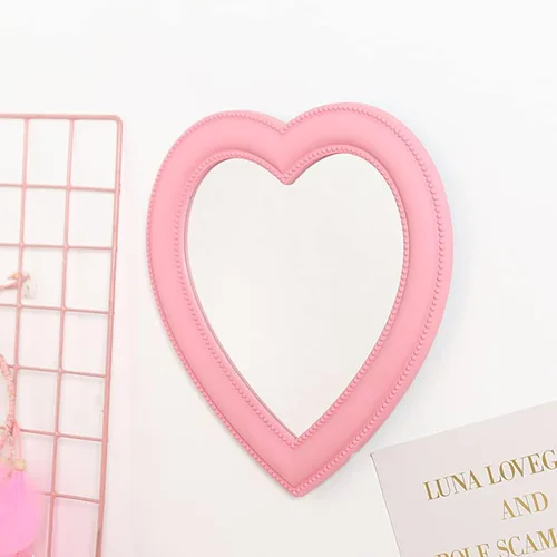 Miniatura 4 de Mokoze Espejo en forma de corazón para escritorio o pared, espejo de tocador rosa claro de 11 x 10.6 pulgadas con soporte y agujero para colgar