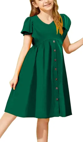 UELoop Girls Summer Ruffle Sleeve Dress 2023 V-Neck Flowy Dress Kids Casual Babydoll Party A-line Swing Dresses 5-14Y