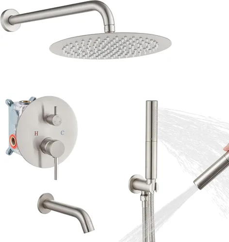 Miniatura 17 de Airuida Sistema de ducha con boquilla de bañera, cabezal de ducha redondo de 10 pulgadas con 2 funciones, ducha de mano, montaje en pared, juego