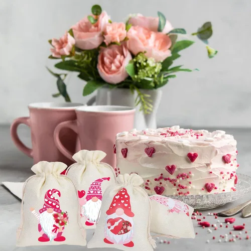 Miniatura 7 de Whaline 24 bolsas de regalo de arpillera para el día de San Valentín, diseño de gnomo rosa, bolsas de dulces con cordón de cordón, bolsas de lino