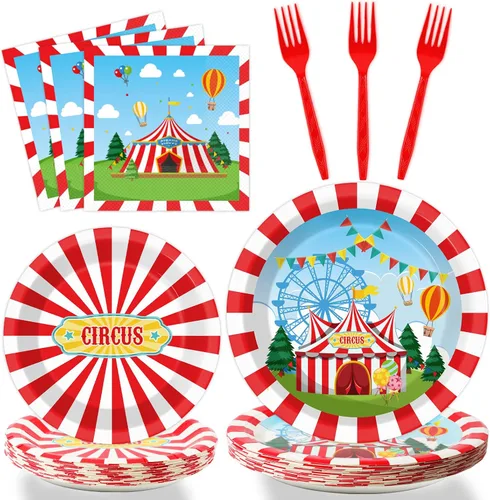 Tevxj Juego de vajilla de circo de 96 piezas con temática de carnaval, platos de postre desechables, platos de fiesta de circo, servilletas,