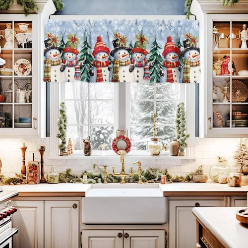 Miniatura 2 de Cenefa de Navidad para ventanas, cortinas de muñeco de nieve, cenefas con bolsillo para barra, tratamientos de ventana, cortinas cortas azules