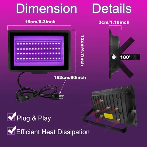 Miniatura 5 de Paquete de 2 Luces Negras LED de 40W IP66 Impermeables, Luz Negra con Enchufe e Interruptor, Reflector para Fiesta Fluorescente, Decoración