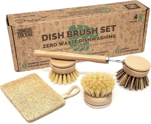 Juego de cepillos de platos de bambú de 4 piezas Jungle Culture para lavar • Cepillo de platos de madera duradero con 3 cabezales de repuesto y