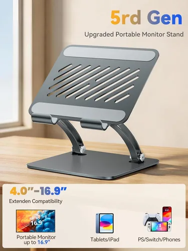 Miniatura 2 de Soporte para tableta tounee, soporte de escritorio ajustable de doble varilla de aluminio, compatible con iPads de 4.7-16.9", tabletas Surface, Gris