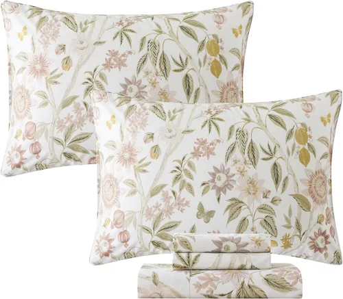 Miniatura 57 de FADFAY Juego de sábanas tamaño King, 100% algodón, elegante ropa de cama de granja con hojas verdes menta y flores blancas, sábana suave