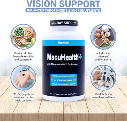 Miniatura 6 de Macuhealth Plus+ Suplemento de vitaminas para los ojos para adultos, suministro para 90 días con luteína, zeaxantina y meso-zeaxantina, sin sabor