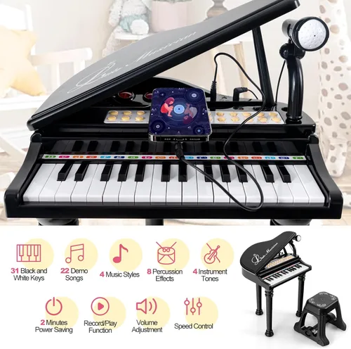 Miniatura 4 de HONEY JOY Piano clásico para niños, mini piano de cola de juguete de 31 teclas con soporte de música y taburete, piano electrónico portátil