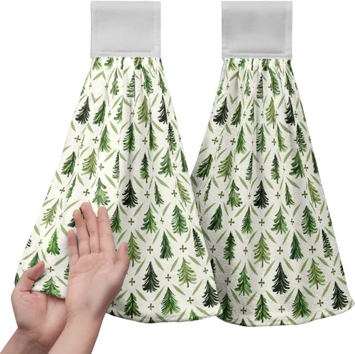 Miniatura 34 de Juego de 2 toallas de cocina colgantes de hojas tropicales de verano, color verde, hojas de palmera, con bucles para colgar, suaves y absorbentes