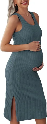 Ekouaer Vestido de maternidad para mujer, de punto acanalado, sin mangas, con abertura lateral, vestido ajustado para embarazo, tallas S-XXL