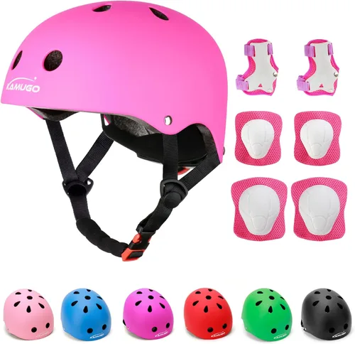 Miniatura 12 de KAMUGO - Casco ajustable para niños, con equipo de protección deportiva, rodilleras, coderas, muñequeras para niños de 2 a 8 años, para niños y Rosa