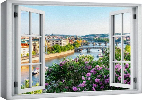Miniatura 52 de wall26 - Cuadro en lienzo para pared, vista de ventana, río neón turquesa, rápido, bosque, lago, arroyo, naturaleza salvaje, fotografía, realismo