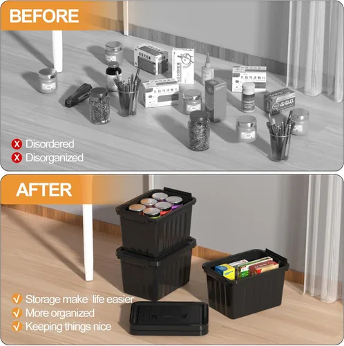 Miniatura 6 de Cubo de almacenamiento de plástico negro con tapa transparente y asa gris, 6 paquetes